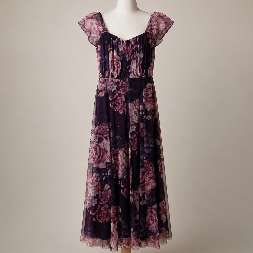 Y2K Candalite Petite Purple Floral Mesh Maxi Dress S Whimsical Fairy Coquette